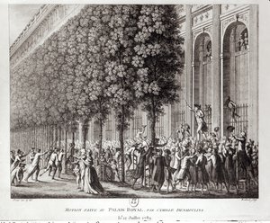 Camille Desmoulins (1760-94) hablando en el Palais Royal, 12 de julio de 1789, grabado por Pierre Gabriel Berthault (1737-1831) de Jean Louis the Younger Prieur